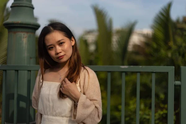 Una Joven Asiática Posando Delante Cerca Hierro Verde —  Fotos de Stock