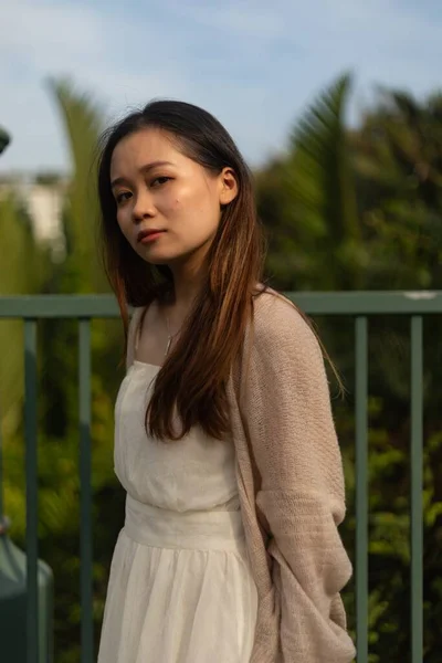 Vertical Shot Young Asian Female Posing While Standing Front Green — Stock Photo, Image