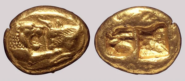 Las Monedas Oro Aureus Grecia Aisladas Sobre Fondo Gris — Foto de Stock