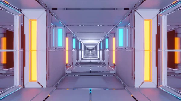 黄色と青のレーザー照明付きの未来的な廊下 — ストック写真