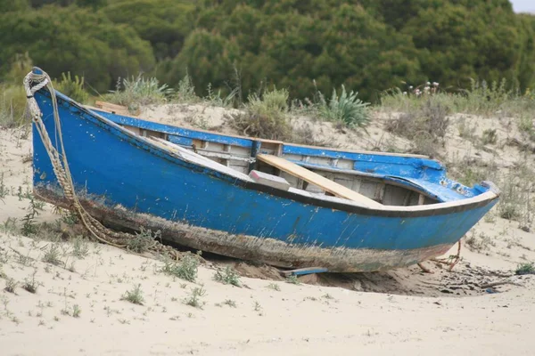 Een Oude Roestige Verweerde Blauwe Boot Het Zandstrand — Stockfoto