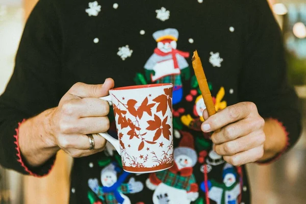 Horizontal Shot Man Wearing Christmas Themed Shirt Holding Patterned Cup — Stock Photo, Image