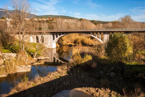 Nehirde Yeşilliklerle Çevrili Uzun Bir Köprü — Stok fotoğraf