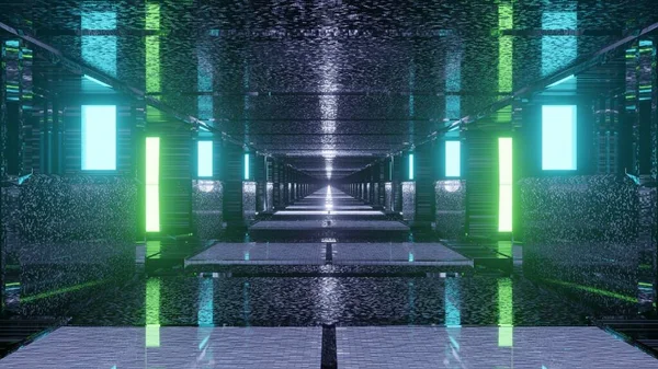 緑と青のレーザーライトを備えた未来的な宇宙廊下 Sf壁紙に最適 — ストック写真
