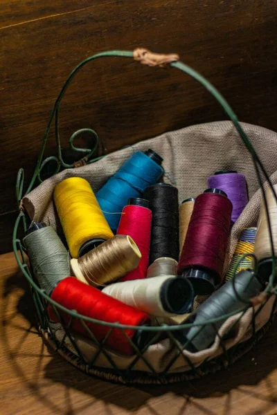 Closeup Shot Lot Colorful Yarn Rolls Basket — Stock Photo, Image