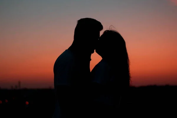 A silhouette of the hugging lovely couple against the colorful scenic sunset