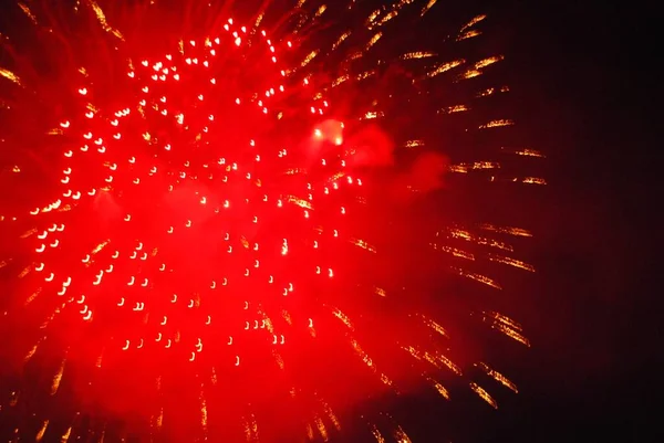 Belo Fogo Artifício Vermelho Brilhante Noite — Fotografia de Stock