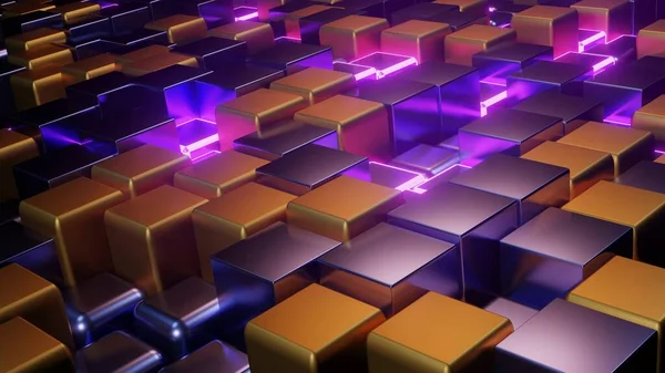 Рендеринг Фиолетовых Золотых Кубических Подсвеченных Плиток Различной Длины Образующих Мозаичный — стоковое фото