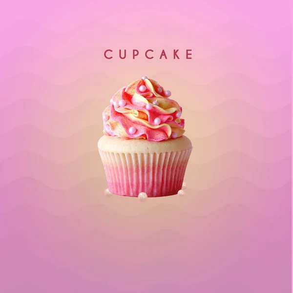 粉红图案背景的粉红杯蛋糕特写照片 上面有 杯蛋糕 这个词 — 图库照片