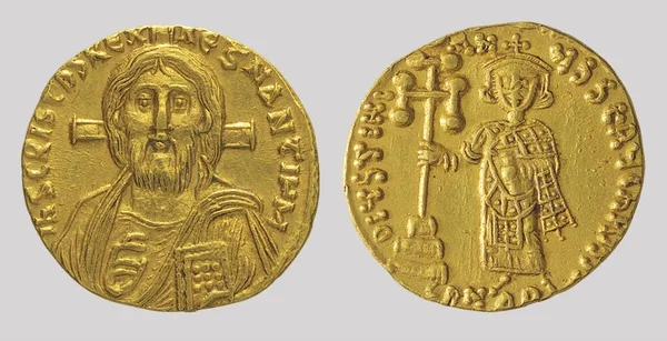 Primer Plano Aureus Monedas Busto Cristo Pantokrator Emperadores Basilio Constantino — Foto de Stock