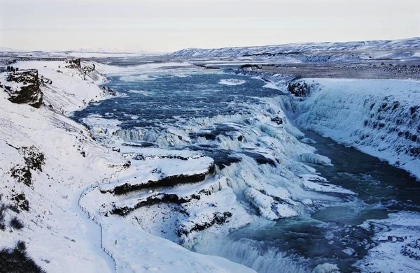 Cachoeira Gullfoss Islândia Europa Cercada Gelo Neve — Fotografia de Stock