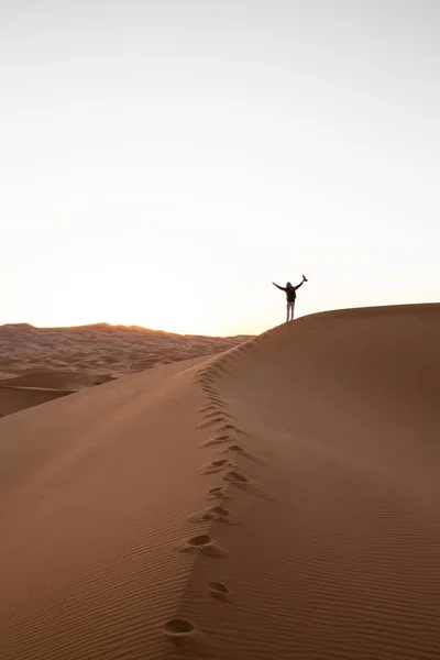 Una Persona Solitaria Pie Sobre Una Duna Arena Desierto Atardecer —  Fotos de Stock