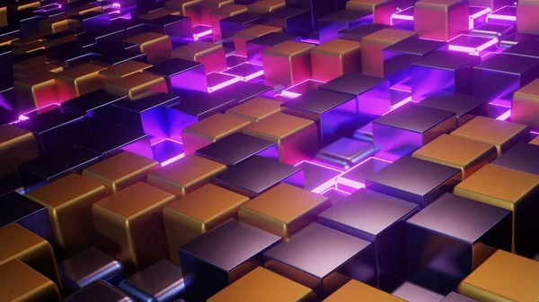 Візуалізація Фіолетових Золотистих Кубічних Ілюмінованих Плиток Різної Довжини Утворюють Мозаїчний — стокове фото