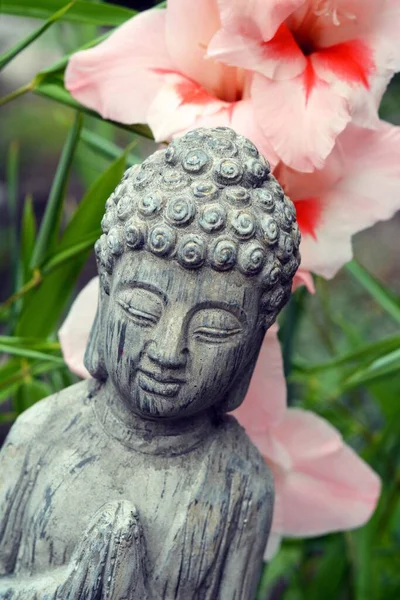 Tiro Close Estátua Buda Com Flores Rosa — Fotografia de Stock