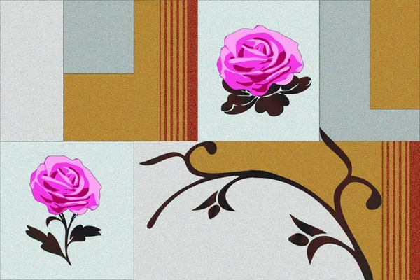 Cyfrowa Ilustracja Różowymi Różami Brązową Łodygą Geometrycznym Tle Stosowany Płytek — Zdjęcie stockowe
