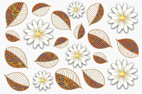 Ψηφιακή Απεικόνιση Λευκό Floral Σχέδιο Και Πολύχρωμο Φύλλο Λευκό Φόντο — Φωτογραφία Αρχείου