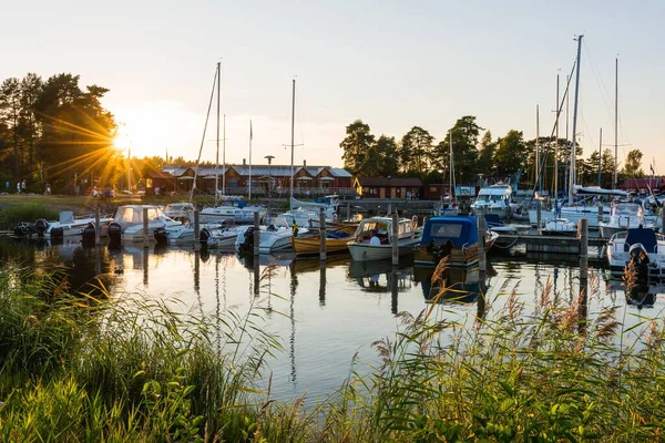 Lidkping Schweden Juli 2014 Hafen Mit Booten Bei Sonnenuntergang Einem — Stockfoto