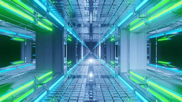 Corridoio Futuristico Illuminato Luci Laser Verdi Blu — Foto Stock