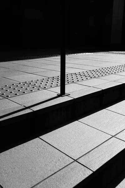 Vertical Grayscale Shot Modern Stairs Street Metal Railing — Stock Photo, Image