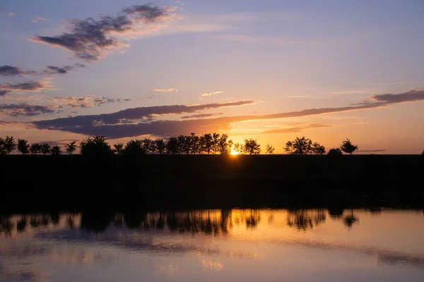 Vacker Bild Silhuetten Träd Nära Sjö Solnedgången — Stockfoto
