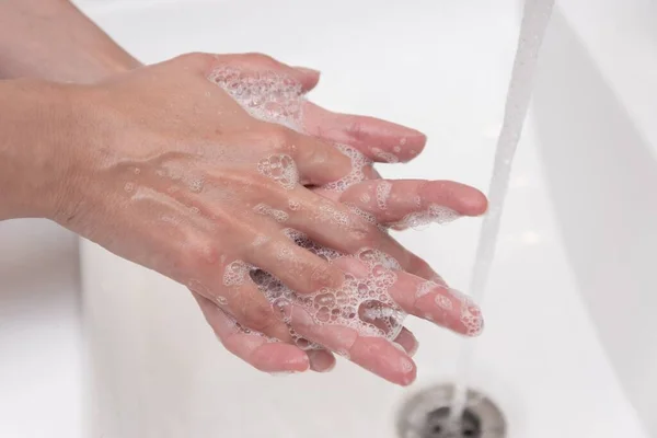 Selective Focus Shot Female Washing Her Hands Antivirus Instructions — Stock Photo, Image