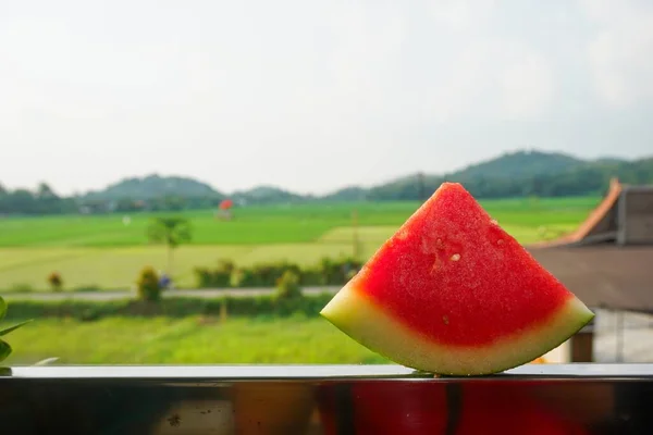 Selective Focus Shot Slice Fresh Delicious Watermelon Edge Balcony — Stock Photo, Image