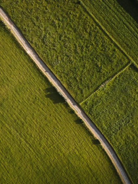 Uma Vista Aérea Campos Verdes Vibrantes Separados Pela Rodovia — Fotografia de Stock
