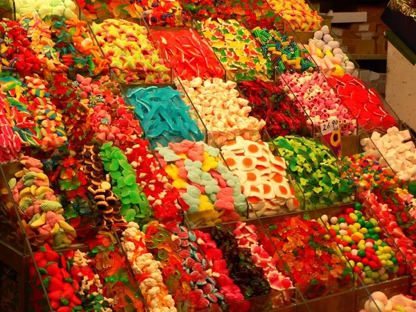 Kolorowe Zdjęcie Różnych Cukierków Gumowych Sprzedawanych Mercat Boqueria Barcelonie — Zdjęcie stockowe