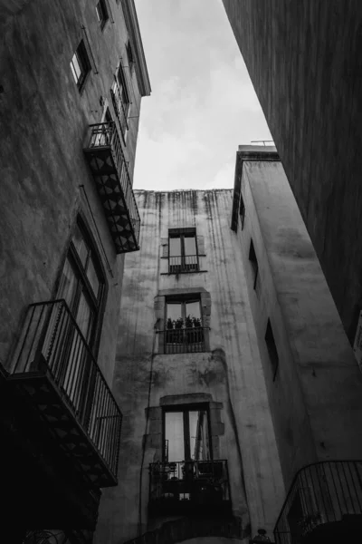 Een Verticale Lage Hoek Grijswaarden Shot Van Residentiële Gebouwen Met — Stockfoto