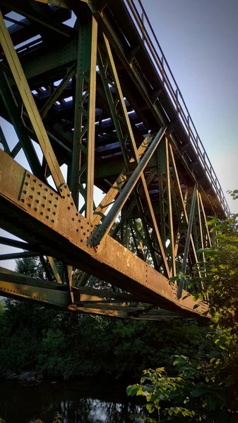 Primer Plano Vertical Puente Ferrocarril Acero Oxidado Con Algunos Árboles — Foto de Stock