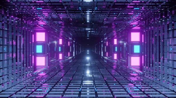ピンクとブルーのレーザーライトで照らされた未来的な廊下 — ストック写真