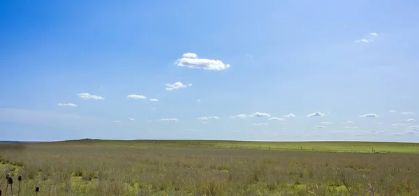 Egy Gyönyörű Kép Kék Alatti Mezőről Fehér Felhőkről — Stock Fotó