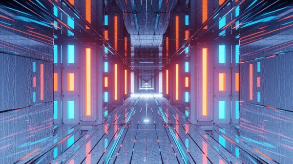 Een Abstracte Futuristische Corridor Achtergrond Met Gloeiende Blauwe Oranje Lichten — Stockfoto