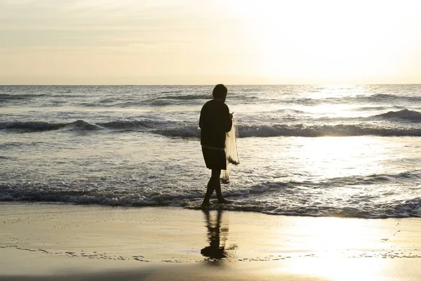 Person Collecting Seashells Sea Ingleses Beach Florianopolis Brazil Sunrise — Stock Photo, Image