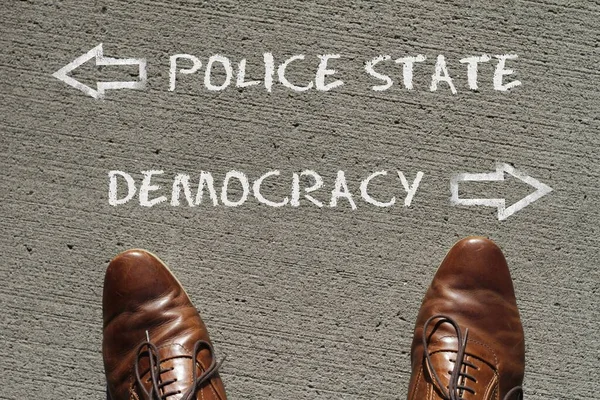 Top View Man Standing Front Words Police State Democracy Arrows — Stock Photo, Image