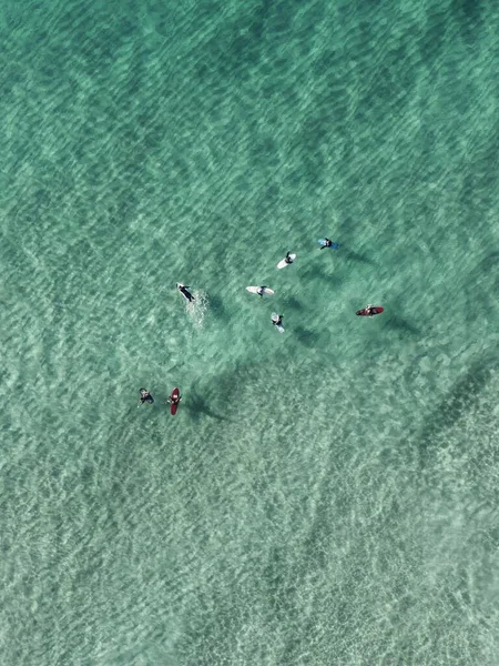Inquadratura Aerea Surfisti Che Nuotano Bellissimo Mare Sotto Luce Del — Foto Stock