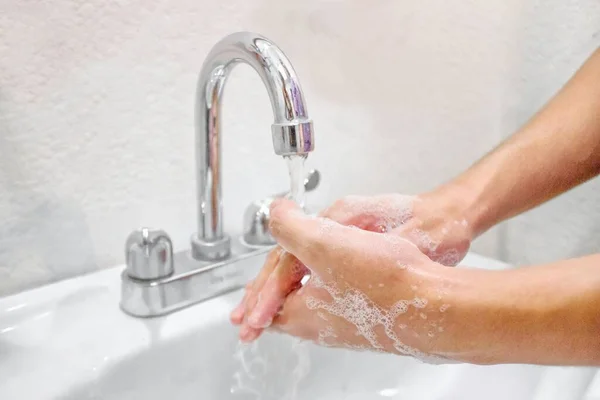 Selective Focus Shot Male Washing Hands Soap Sink Bathroom — Stock Photo, Image