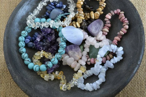 Overhead Shot Gemstones Crystal Black Bowl — Stock Photo, Image