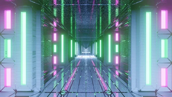 輝くピンクと緑の光を持つ抽象的な未来的な廊下の背景 — ストック写真