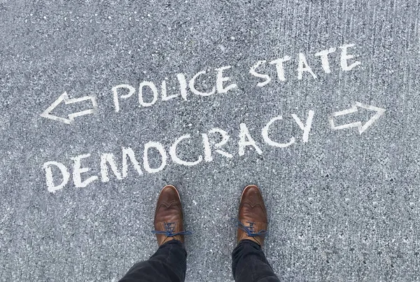 Top View Man Standing Front Words Police State Democracy Arrows — Stock Photo, Image