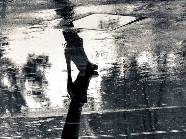 濡れた床に反映された女性の高い丘のシルエットのクローズアップ灰色のスケールショット — ストック写真
