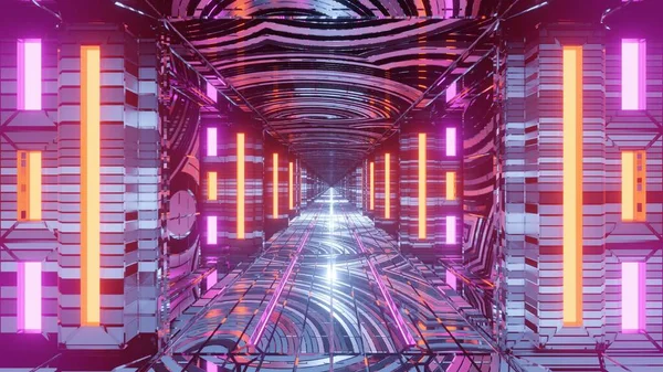 Abstrakt Futuristisk Korridor Bakgrund Med Glödande Lila Och Orange Ljus — Stockfoto