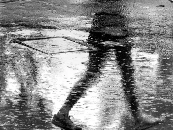 Серый Крупным Планом Снимок Человеческого Силуэта Отраженный Мокром Полу — стоковое фото