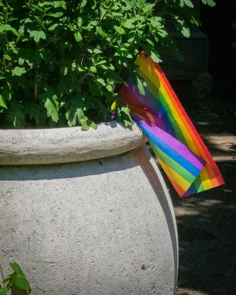 Disparo Vertical Bandera Lgbt Una Maceta Piedra — Foto de Stock