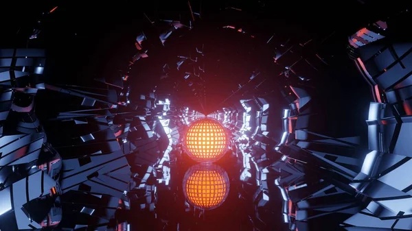 一个带有橙色发光的球面反射在光滑表面的扭曲隧道的抽象示例 — 图库照片
