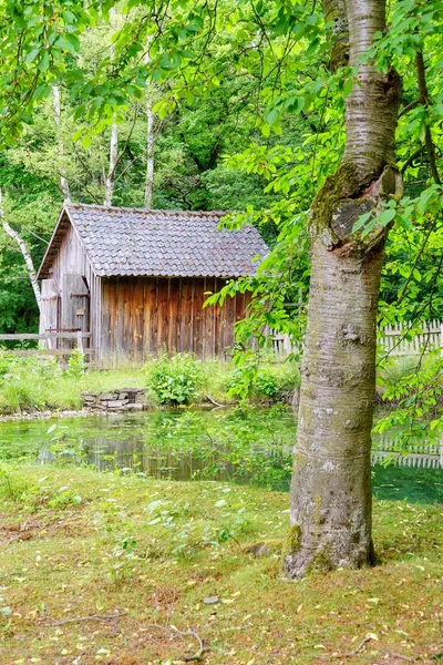 Een Verticale Opname Van Een Oude Houten Schuilplaats Bij Vijver — Stockfoto