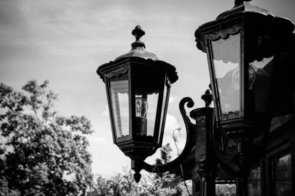 Tiro Ângulo Baixo Escala Cinza Das Lâmpadas Rua Vintage Com — Fotografia de Stock