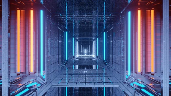 Parlayan Mavi Turuncu Işıkları Olan Soyut Bir Gelecek Koridoru — Stok fotoğraf