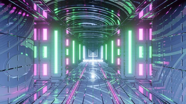 Egy Absztrakt Futurisztikus Folyosó Háttér Ragyogó Rózsaszín Zöld Fények — Stock Fotó