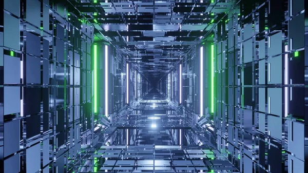 Ein Abstrakter Futuristischer Korridor Hintergrund Mit Leuchtenden Grünen Und Weißen — Stockfoto